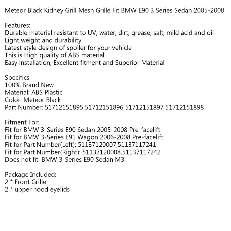 Meteor Black Kidney Grill Mesh Grille Fit BMW E90 3 Series Sedan 2005-2008 Generic