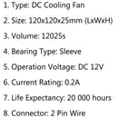 DC Brushless Cooling PC Computer Fan 12V 12025s 120x120x25mm 0.2A 2 Pin