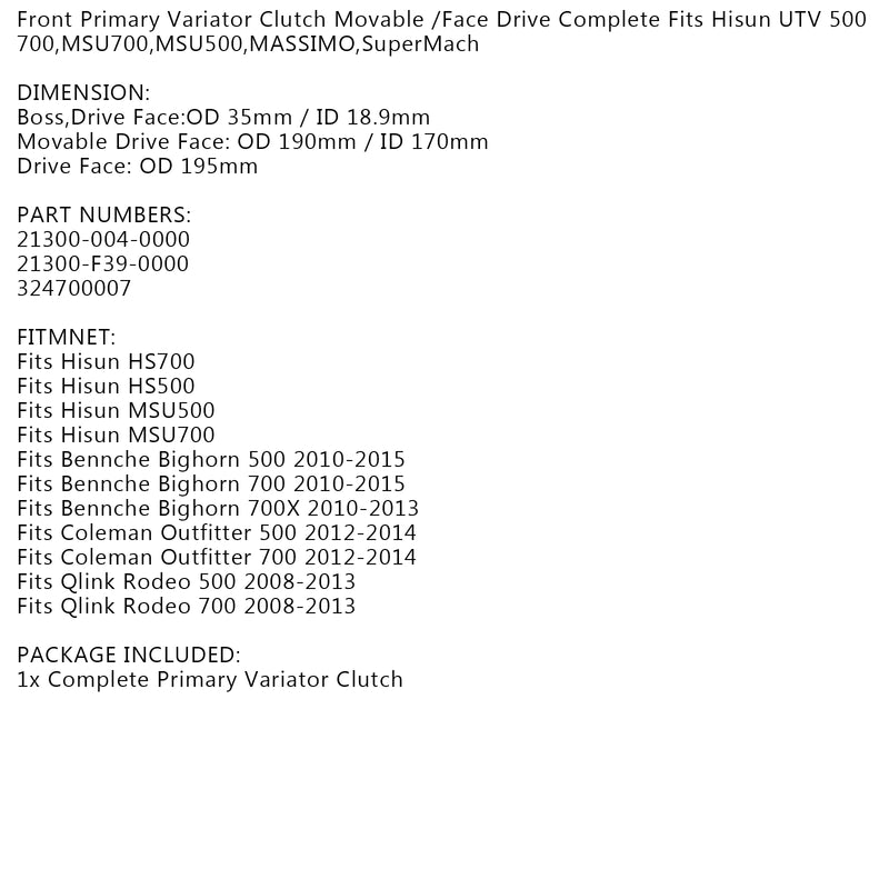 Primary Clutch Variator for HiSUN MSU500 MSU700,Coleman,Bennche UTV ATV 500 700 Generic