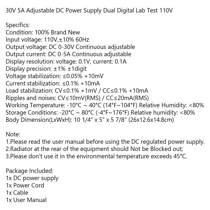 Adjustable Power Supply 30V 5A 110V Precision Variable DC Digital Lab w/clip