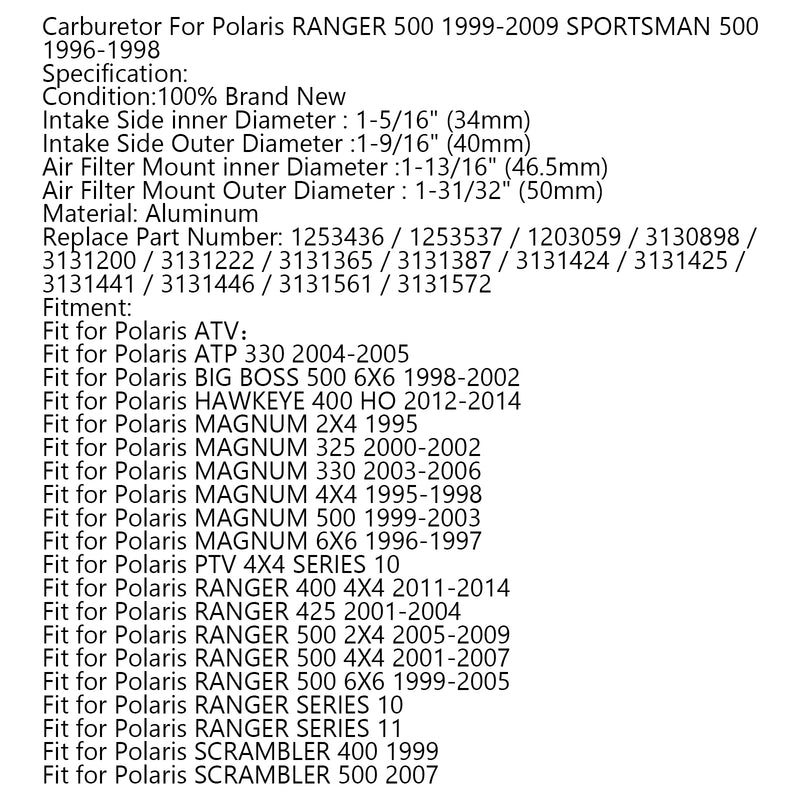 Carburetor Carb for Polaris RANGER 500 1999-2009 SPORTSMAN 500 1996-1998 Generic