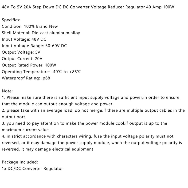 WaterProof 48V to 5V 20A 100W Step Down DC/DC Power Converter Regulator