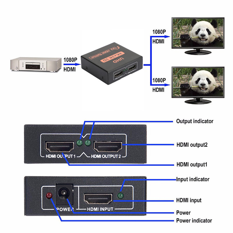 Full HD Dual Display Switcher 4K Splitter HD 1080p HDMI 1X2 Port UHD for HDTV DVD PS3 Xbox US Plug