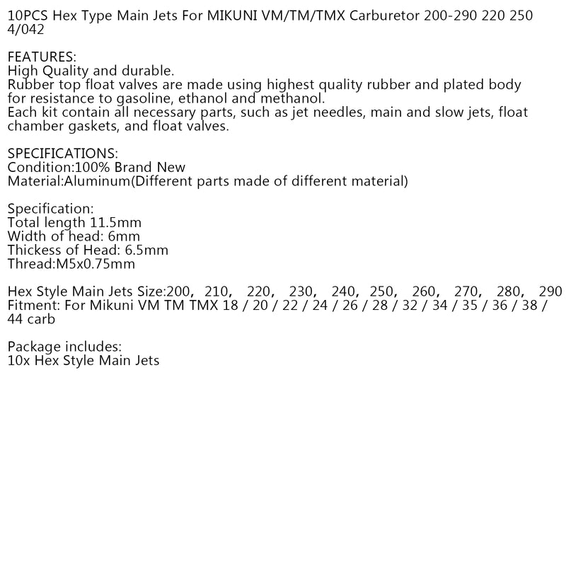 10PCS Hex Type Main Jets For MIKUNI VM/TM/TMX Carburetor 200-290 220 250 4/042 Generic