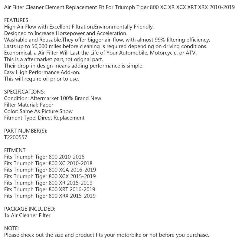 Air Filter Element for Triumph Tiger 800 XC XCA XCX XR XRT XRX 2010-2019 Generic