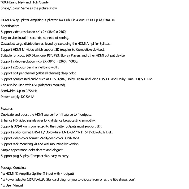 4K*2K Ultra HD HDMI 4 Way Splitter Hub 1 in 4 out Duplicator 3D Full HD with US Plug