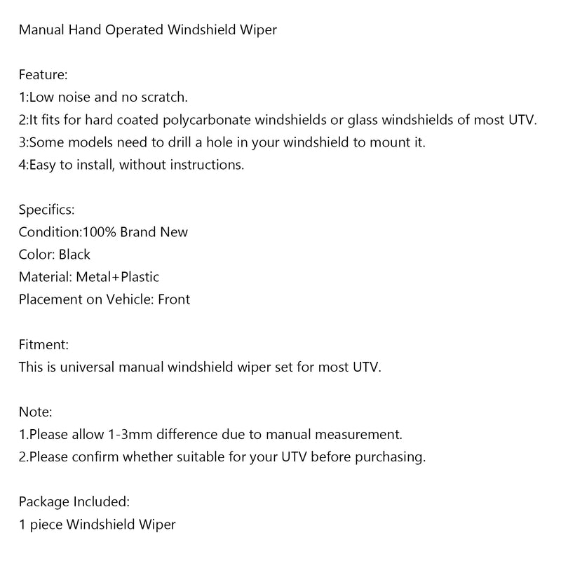 Universal Manual Hand Windshield Wiper Set for UTV ATV Polaris RZR 900 1000 Generic