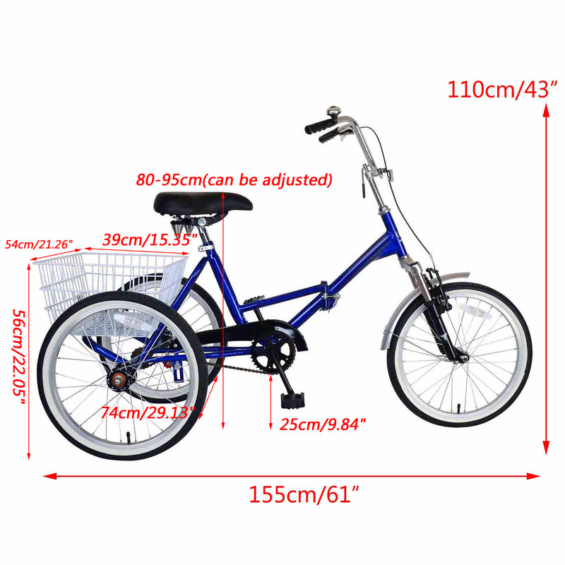 Adult Folding Tricycle Bike 3 Wheeler Bicycle Portable Tricycle 20" Wheels CA Market