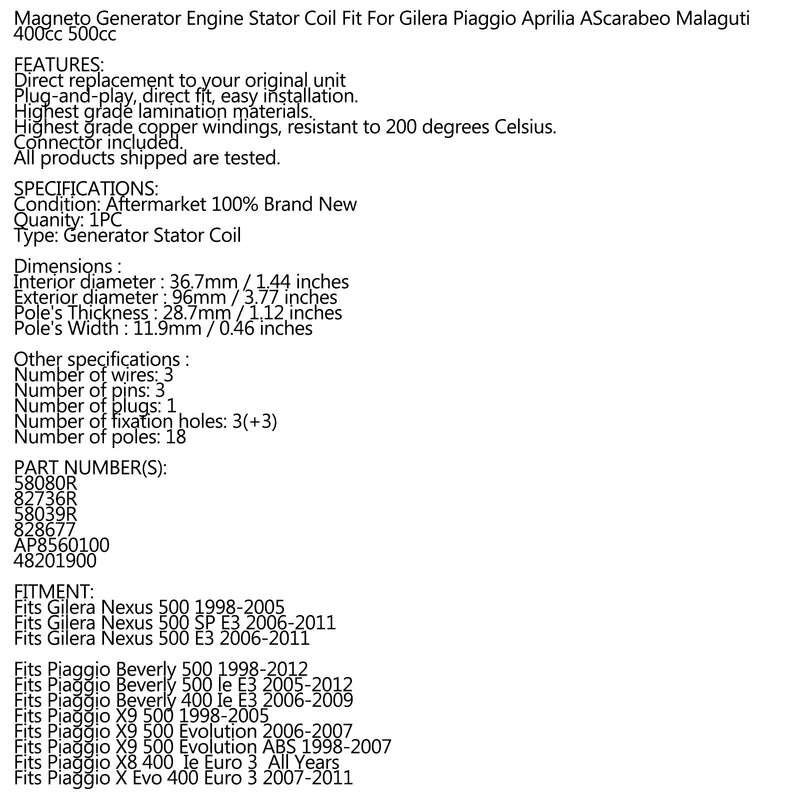 Alternator Magneto Stator for Gilera Nexus 500 1998-2011 58080R 82736R AP8560100 Generic