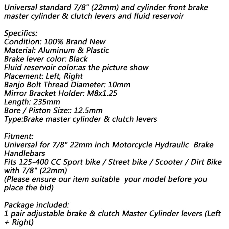 Universal 7/8'' 22mm Front Brake Clutch Master Cylinder Reservoir Levers Silver Generic