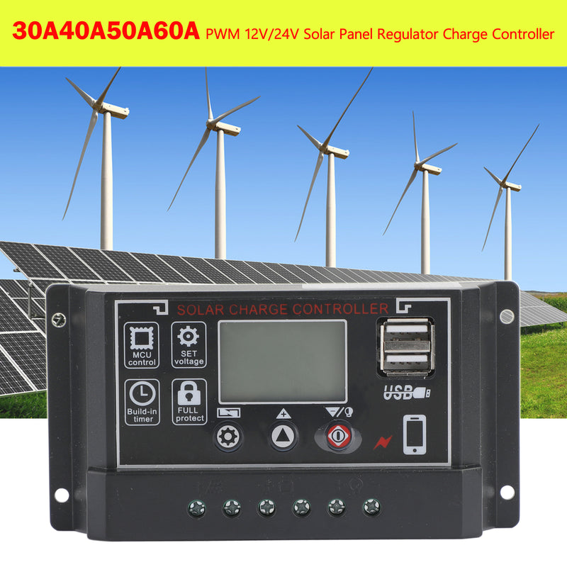 30-60A 12V/24V Solar Panel Battery Regulator Charge Controller 4-Stage Dual USB