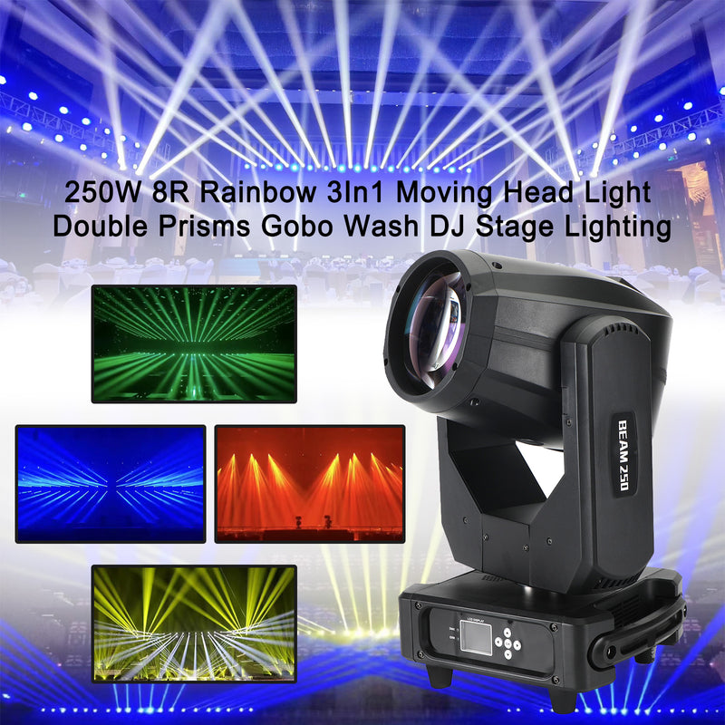 250W 8R Rainbow 3In1 Moving Head Light Double Prisms Gobo Wash DJ Stage Lighting