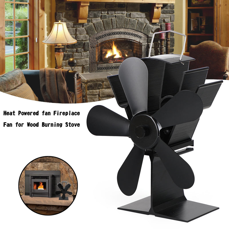 5 Blades Heat Powered Stove Fan Wood Log Burner Fireplace Fuel Saving Eco