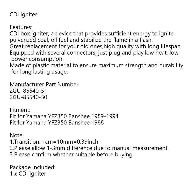 CDI Igniter for Yamaha YFZ350 Banshee 1988-1994 2GU-85540-50 2GU-85540-51