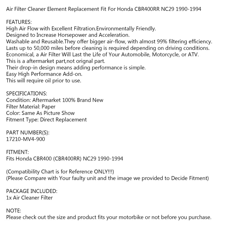 Air Filter Cleaner for Honda CBR400 CBR400RR NC29 1990-1994 17210-MV4-900 Generic