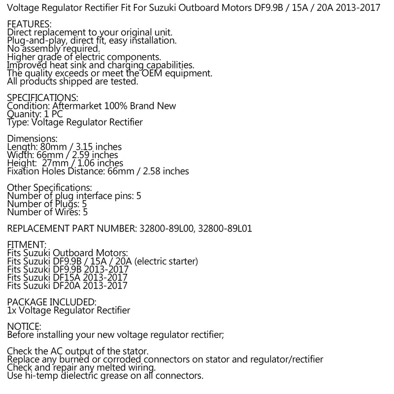 Rectifier Regulator for Suzuki DF 9.9/15 Outboard Motors 32800-89L00 32800-89L01 Generic