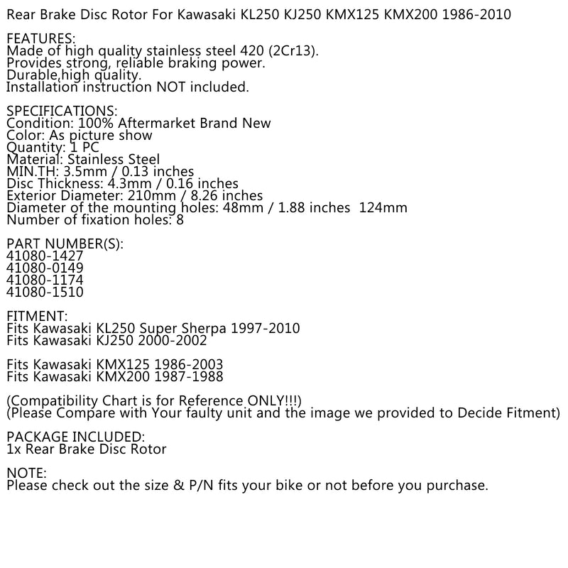 Rear Brake Rotor Disc for Kawasaki KL250 Sherpa 250 KJ250 KMX 125 200 1986-2010 Generic