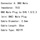 5PCS BNC Male Plug to DIN 1.0/2.3 (mini BNC) Male Plug RG179 Cable 30cm 75Ω
