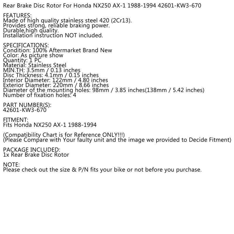 Rear Brake Rotor Disc for Honda NX250 AX-1 1988-1994 1993 1992 1991 1990 89 88 Generic