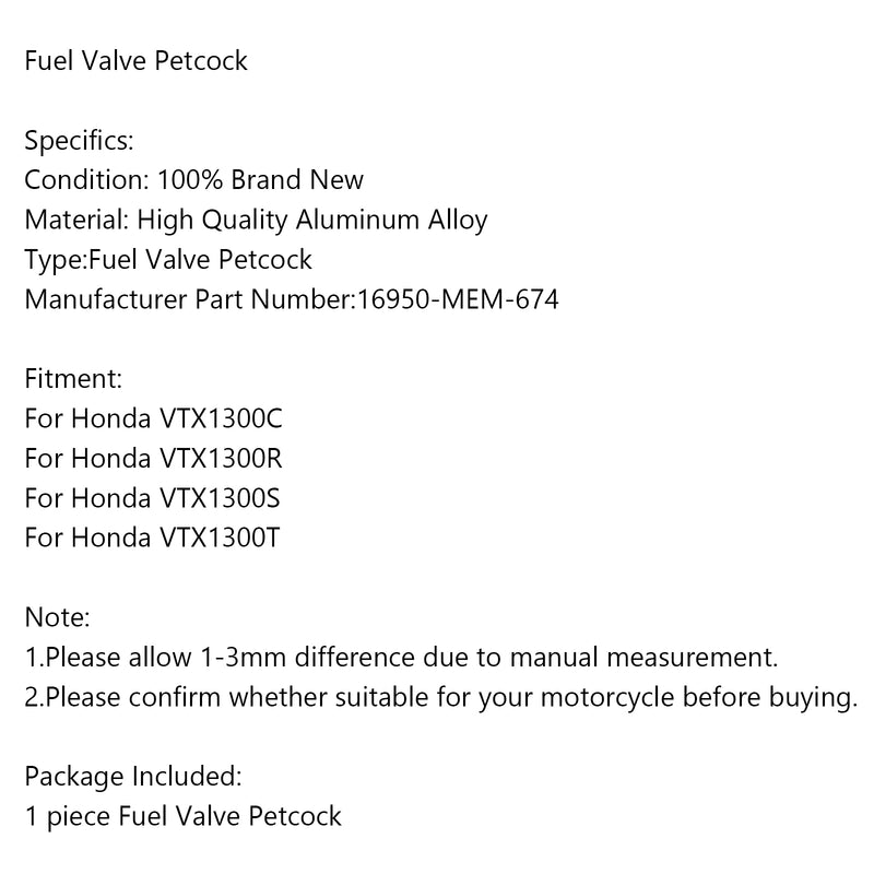 Fuel Vacuum Petcock for Honda VTX1300C VTX1300R VTX1300S VTX1300T 16950-MEM-674 Generic