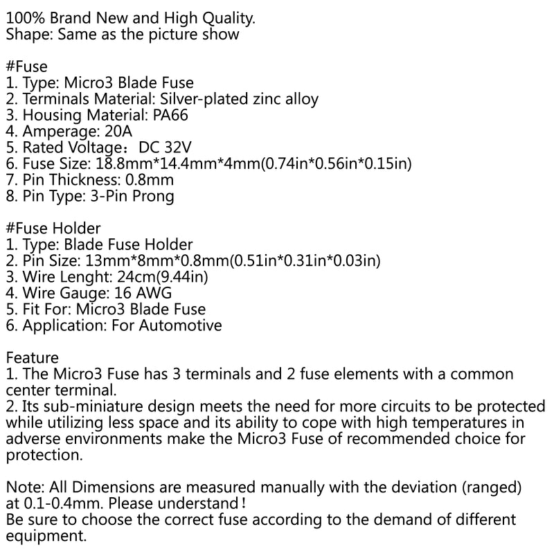 1 ¡Á Micro3 Fuse Automotive ATL 3 Prong Blade Fuse Holder + 5 ¡Á 20A Micro3 Fuse