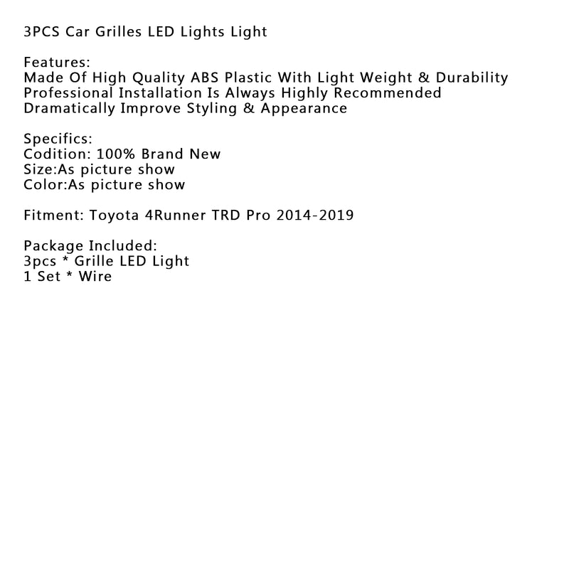 3PCS Car Grilles LED Lights Light Fit Toyota 4Runner TRD Pro 2014-2019 New Generic