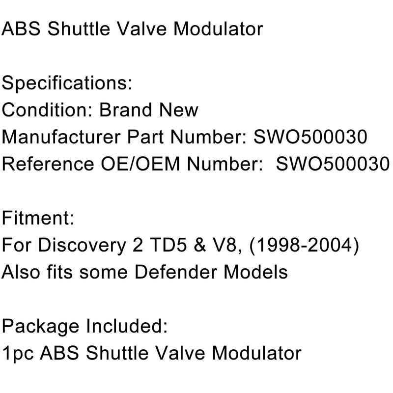 All ABS Shuttle Valve Modulator For Defender & Discovery 2 - SWO500030 Generic