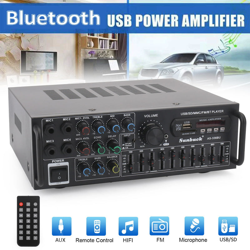Bluetooth 5.0 HiFi Sunbuck 2000W Stereo Power Amplifier Karaoke FM USB SD AUX