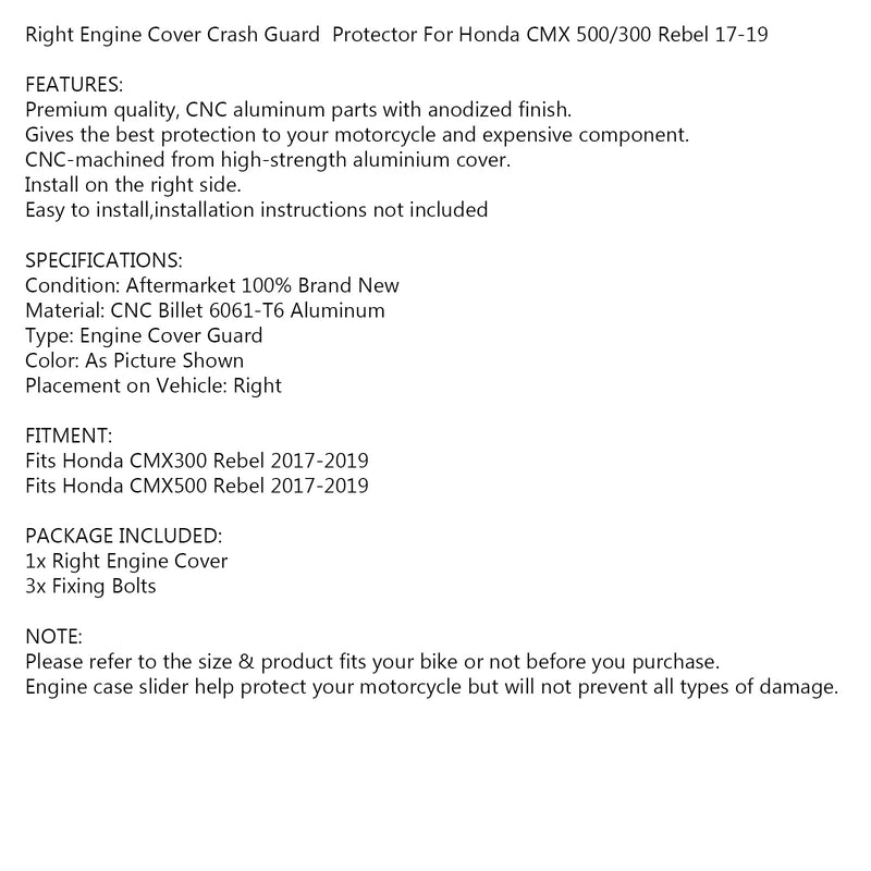 Right Crankcase Engine Cover Crash Guard for Honda Rebel 300 500 CMX 2017-2019 Generic