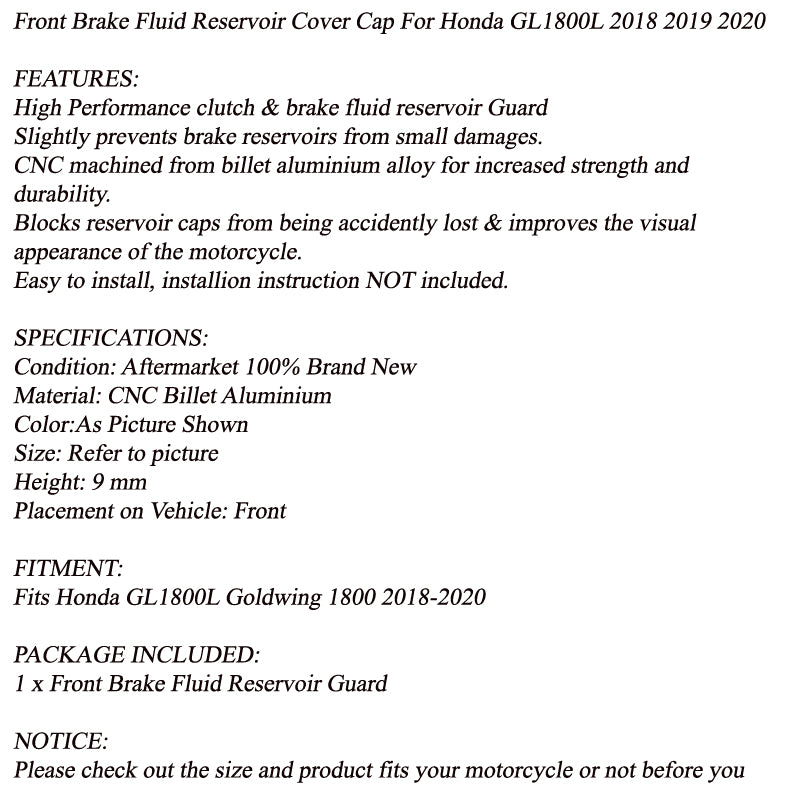CNC Front Brake Reservoir Fluid Cuard for Honda Goldwing 1800 2018-2020 Black Generic