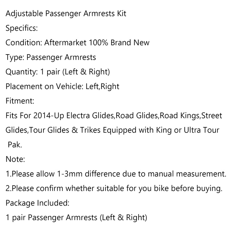 Stealth Passenger Armrests For Touring Electra Street Glide Road King 2014-2018 Generic