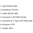 4Pcs 20cm RG316 RP-SMA Female to Y Type 2x RP-SMA Male Splitter Pigtail Cable 8in