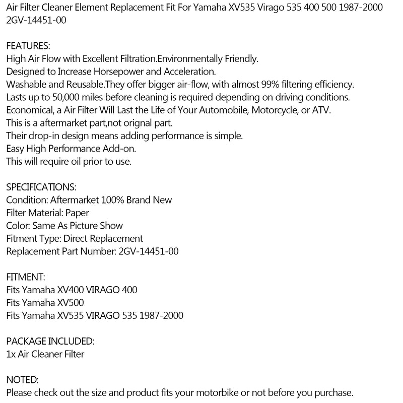 Air Filter Cleaner for Yamaha XV 400/500 XV535 Virago 400 535 87-00 2GV-14451-00 Generic