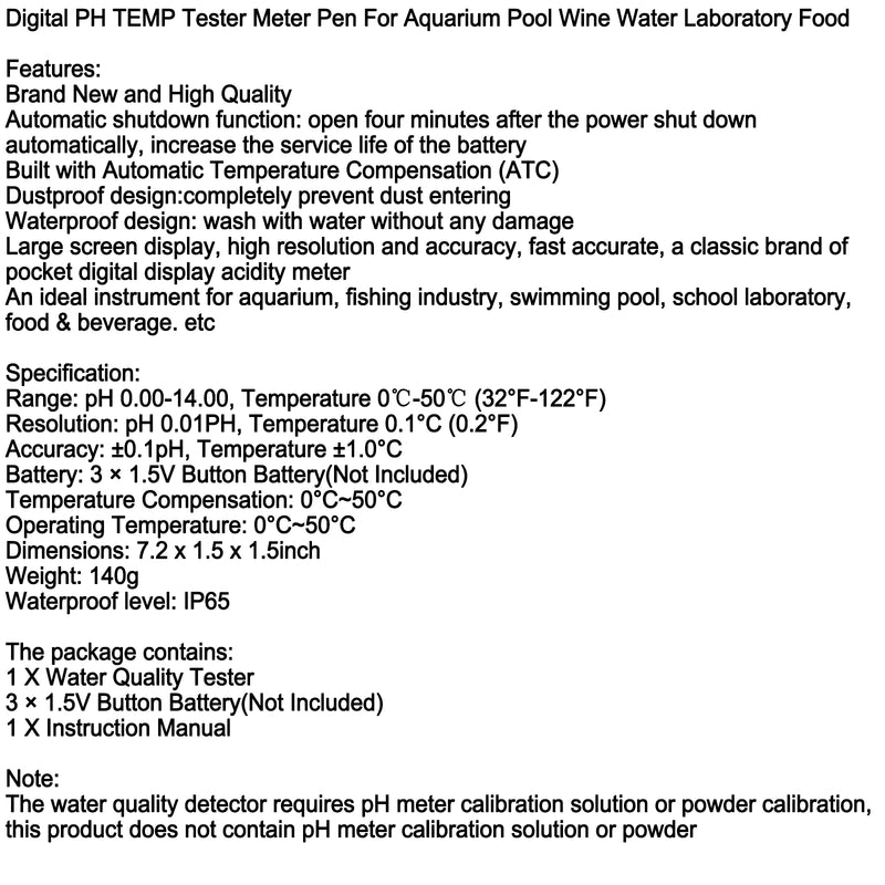Digital PH TEMP Tester Meter Pen For Aquarium Pool Wine Water Laboratory Food