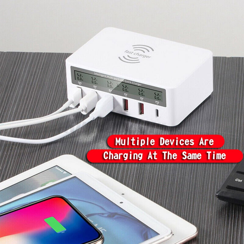 Multiport Quick USB Charger Station With Wireless Charging Pad LCD Display AU