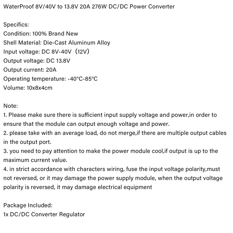 WaterProof 8V/40V to 13.8V 20A 276W Step Up DC/DC Power Converter Regulator Generic