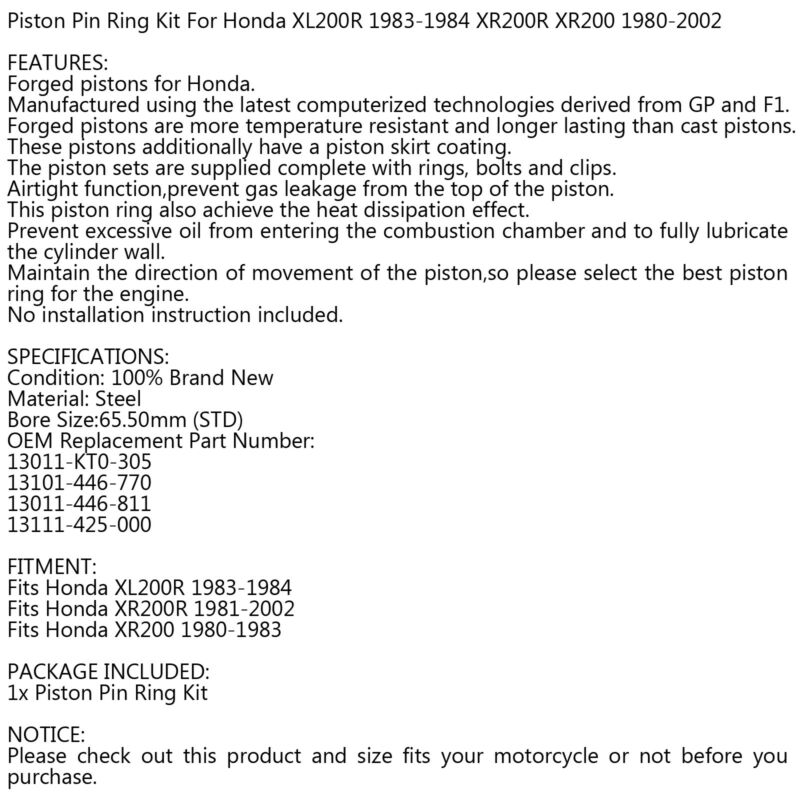 Kit XR200R 13011-446-811 Honda 65.50mm UE XR200 Piston XL200 Fits 1980-2002 STD Generic