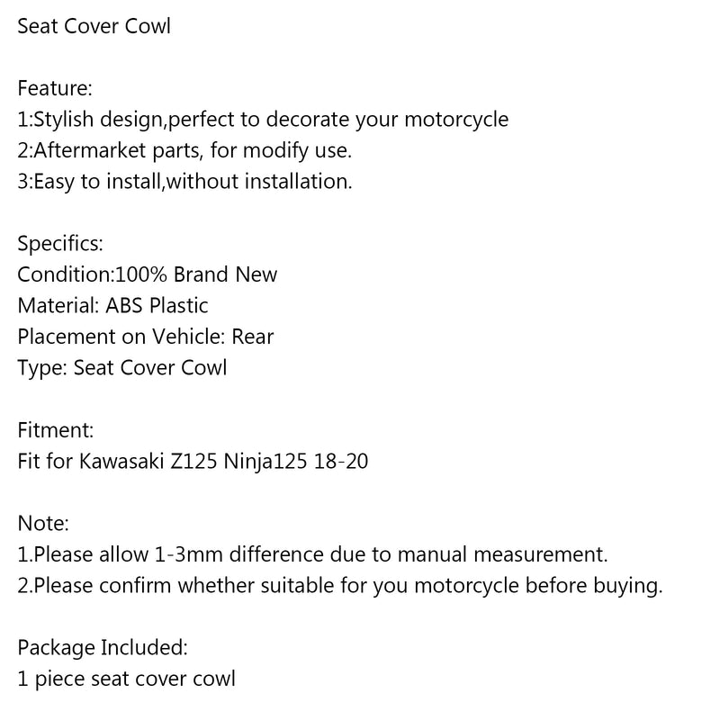 Motorcycle Rear Seat Fairing Cover Cowl Fit for Kawasaki Z125 Ninja125 18-20 Generic