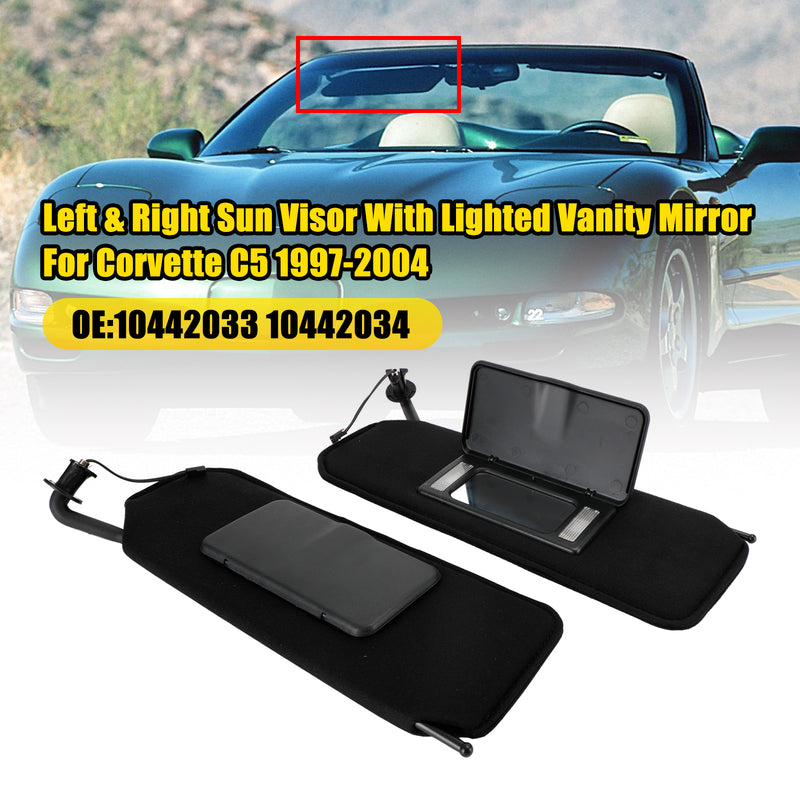 1997-2004 Corvette C5 10442033 10442034 Sun Visor Vanity Mirror Black SunVisors Pair Shaded