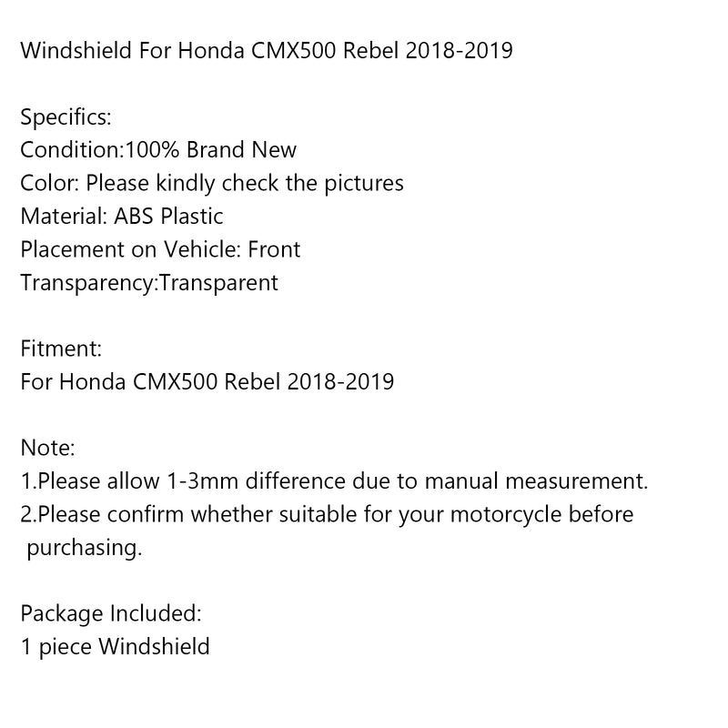 ABS Plastic Motorcycle Windshield Windscreen for Honda CMX500 Rebel 2018-2019 Generic