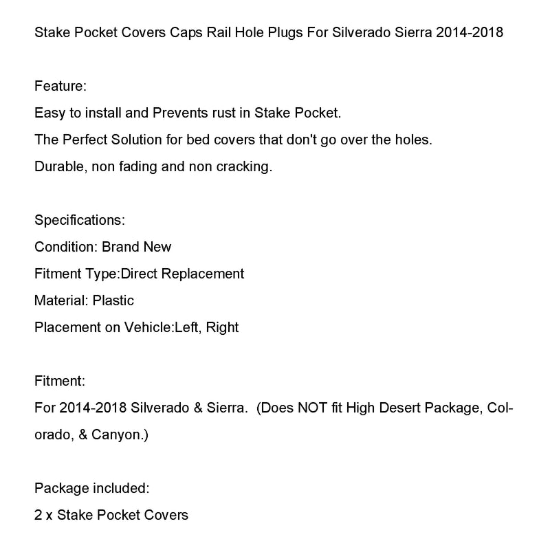 Stake Pocket Covers Caps Rail Hole Plugs For Silverado Sierra 2014-2018 Generic